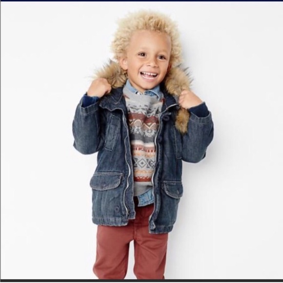 ❄️ GAP Kids 1969 Denim Snorkel Parka Sherpa Hooded Coat Jacket Blue - Picture 3 of 16